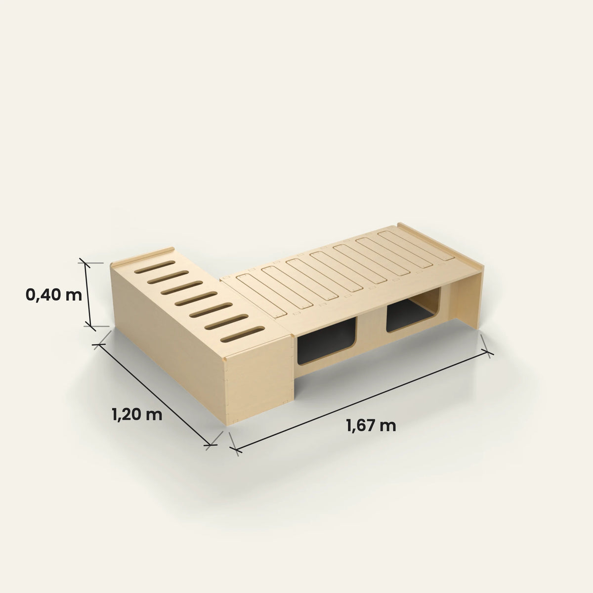 Módulo Tolten con medidas: 1,67 × 1,20 × 0,40 m (largo × ancho × alto)
